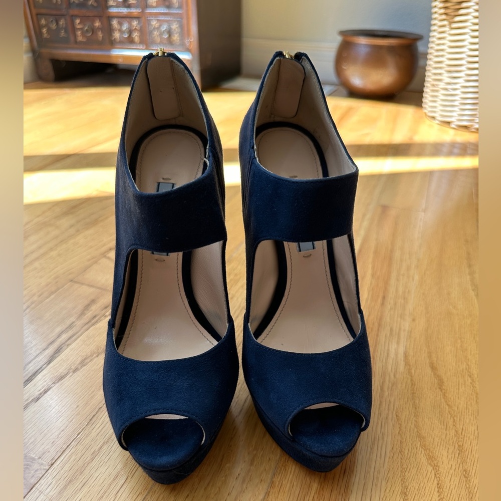 Prada Suede Navy Blue Platform Peep-Toe Heels